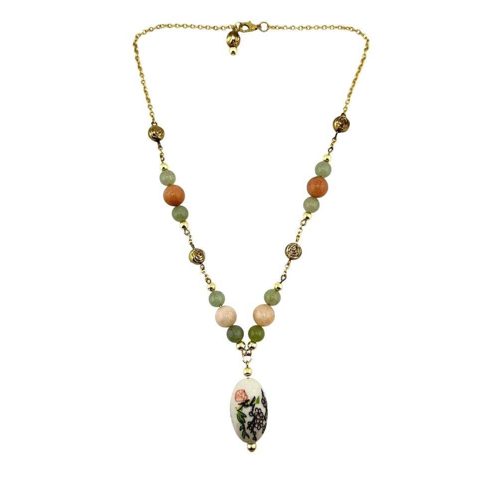 Handmade Green Jade Pink Jadeite Vintage Painted Glass Upcycled Beads Necklace